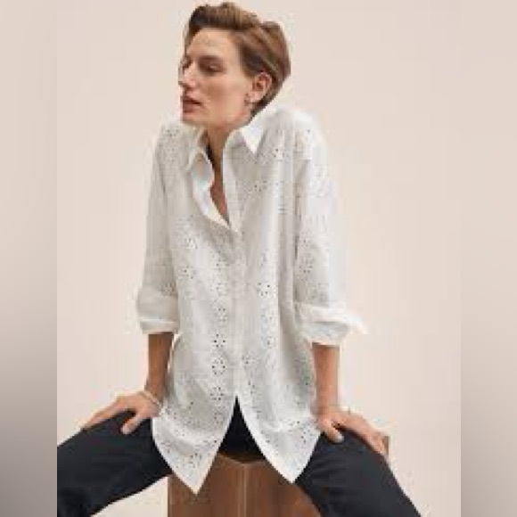 NWT MANGO Oversized Swiss Embroidered White Eyelet LS Button Down Shirt~Camisa - Picture 3 of 10